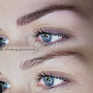 Yeux clairs avec des sourcils bien dessinés, présentation de maquillage permanent.