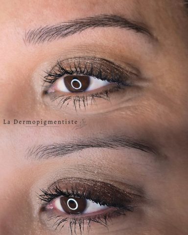 Deux yeux humains montrant des cils et des sourcils bien définis, une peau de teint naturel.