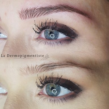 Yeux maquillés avec des cils longs, regard accentué et sourcils bien définis.