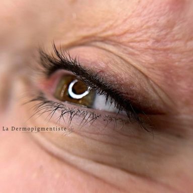 Œil humain avec des cils, montrant la pupille et la bordure de la paupière.