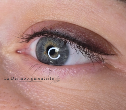 Gros plan sur un œil avec un maquillage délicat et une teinte bleue claire.