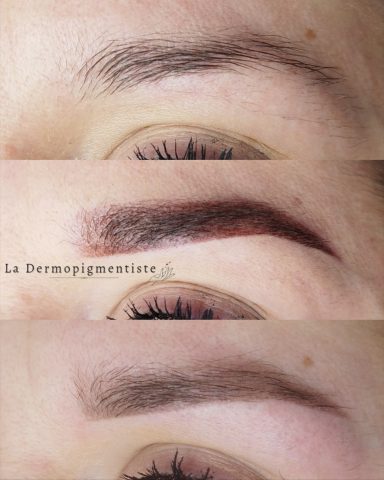 Résultat de microblading avec des sourcils bien définis en différentes étapes.