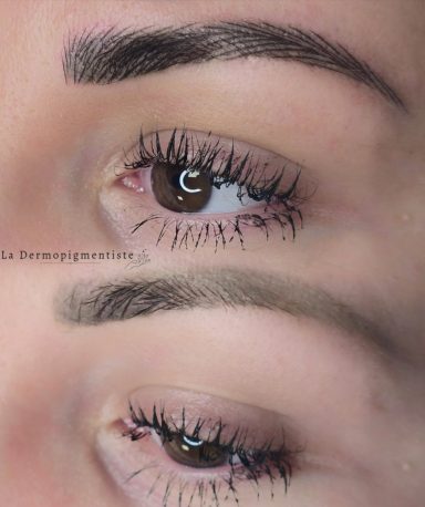 Maquillage des yeux avec des cils longs et des sourcils bien définis.